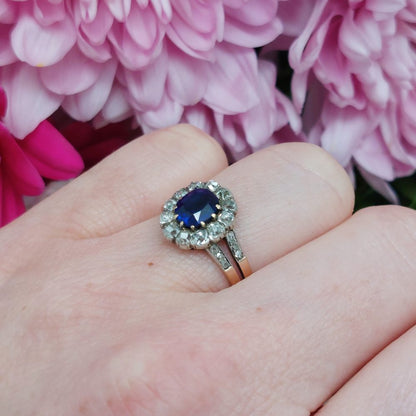 Antique French 1.07ct Sapphire and Diamond Cluster Dress Ring