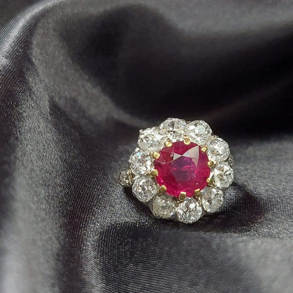 Antique French 2.80ct Natural Ruby and Old Cut Diamond Cluster Ring