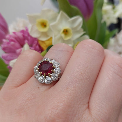 Antique French 2.80ct Natural Ruby and Old Cut Diamond Cluster Ring