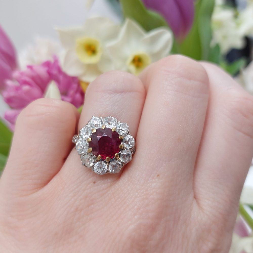 Antique French 2.80ct Natural Ruby and Old Cut Diamond Cluster Ring