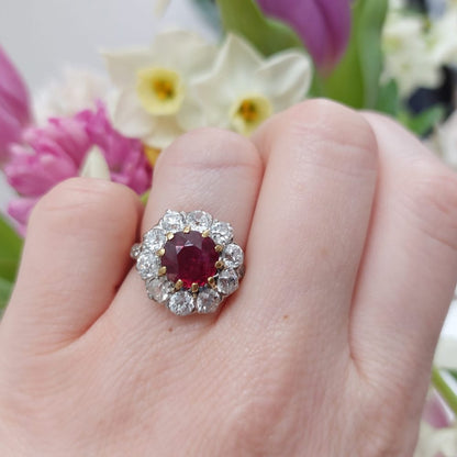 Antique French 2.80ct Natural Ruby and Old Cut Diamond Cluster Ring