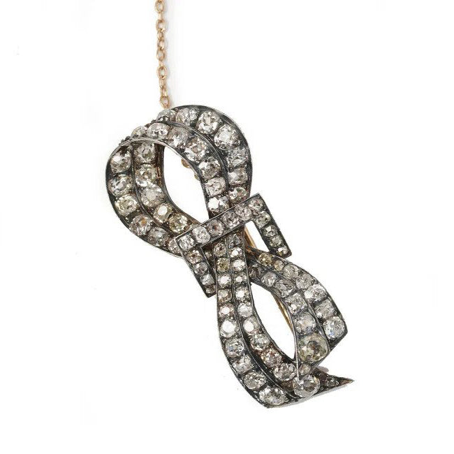 Antique French 6ct Old Mine Cut Diamond Bow Brooch