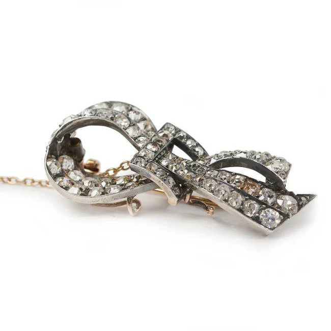 Antique French 6ct Old Mine Cut Diamond Bow Brooch