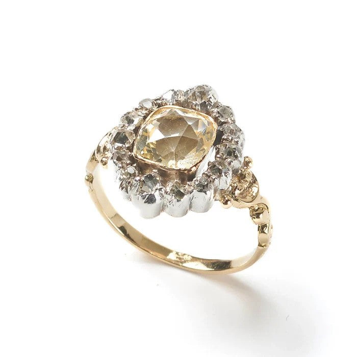 Antique French Cushion Cut Citrine and Old Cut Diamond Cluster Ring
