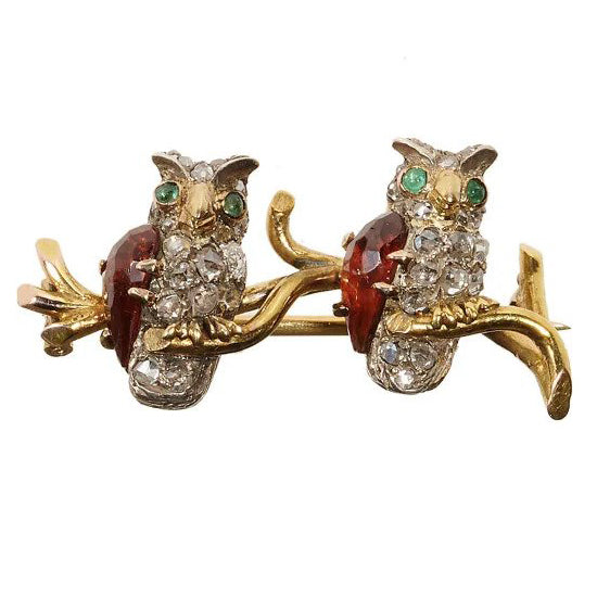 Antique French Diamond Double Owl Brooch with Hessonite Garnet and Emerald