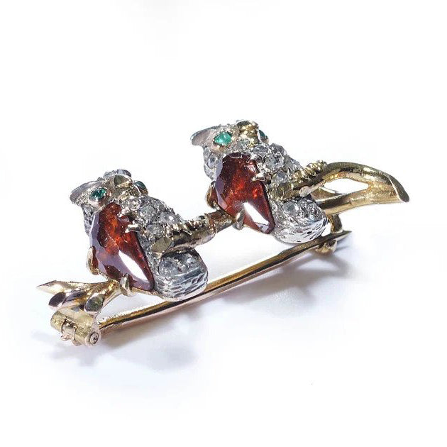 Antique French Diamond Owl Brooch with Garnet and Emerald