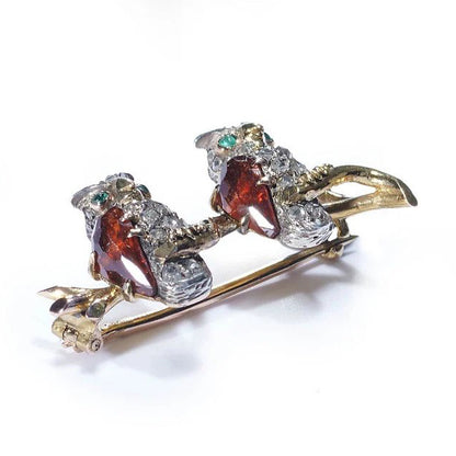 Antique French Diamond Owl Brooch with Garnet and Emerald