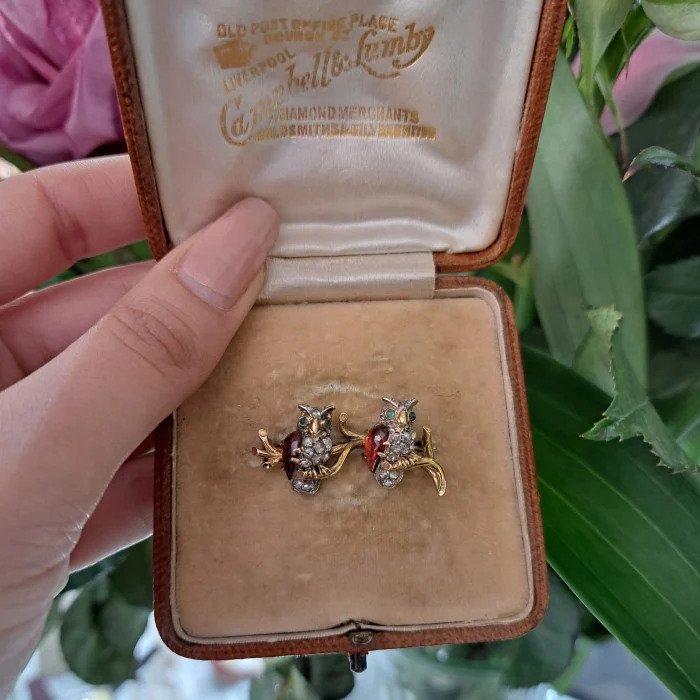 Antique French Diamond Owl Brooch with Garnet and Emerald