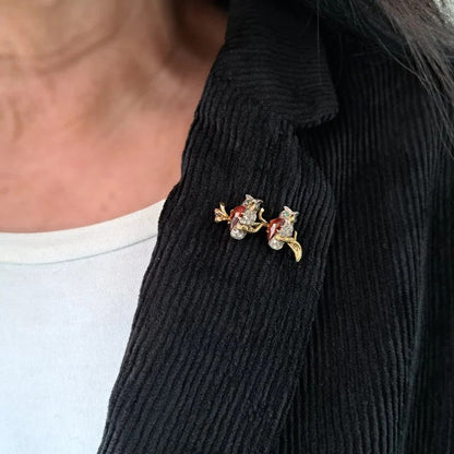Antique French Diamond Double Owl Brooch with Hessonite Garnet and Emerald