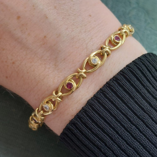 Antique French Ruby and Diamond Gold Link Bracelet