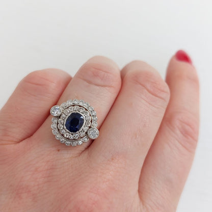 Antique French Sapphire and Diamond Double Cluster Ring