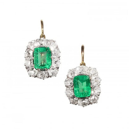 Antique Victorian Colombian emerald and diamond cluster drop earrings. Vintage
