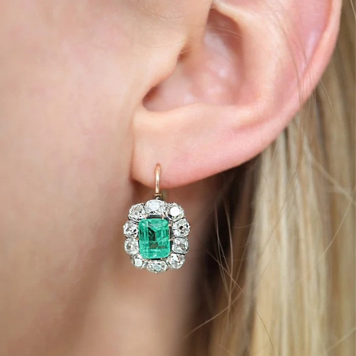 Antique GIA Certified 2.94ct Colombian Emerald and 3.28ct Old Mine Cut Diamond Cluster Drop Earrings