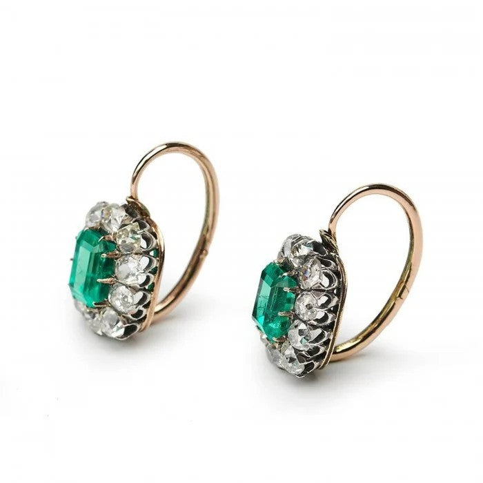 2.94 Carats Antique Colombian Emerald Diamond Cluster Earrings
