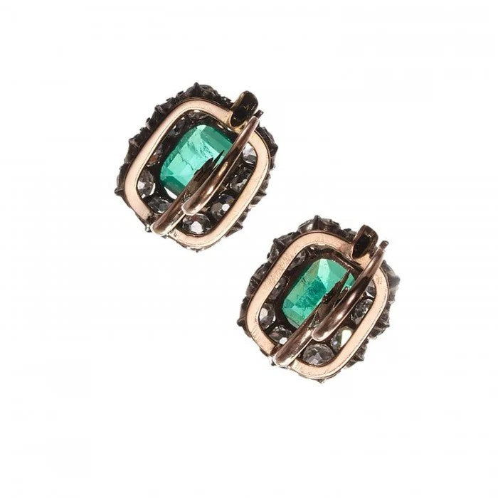 Antique GIA Certified 2.94ct Colombian Emerald and 3.28ct Old Mine Cut Diamond Cluster Drop Earrings