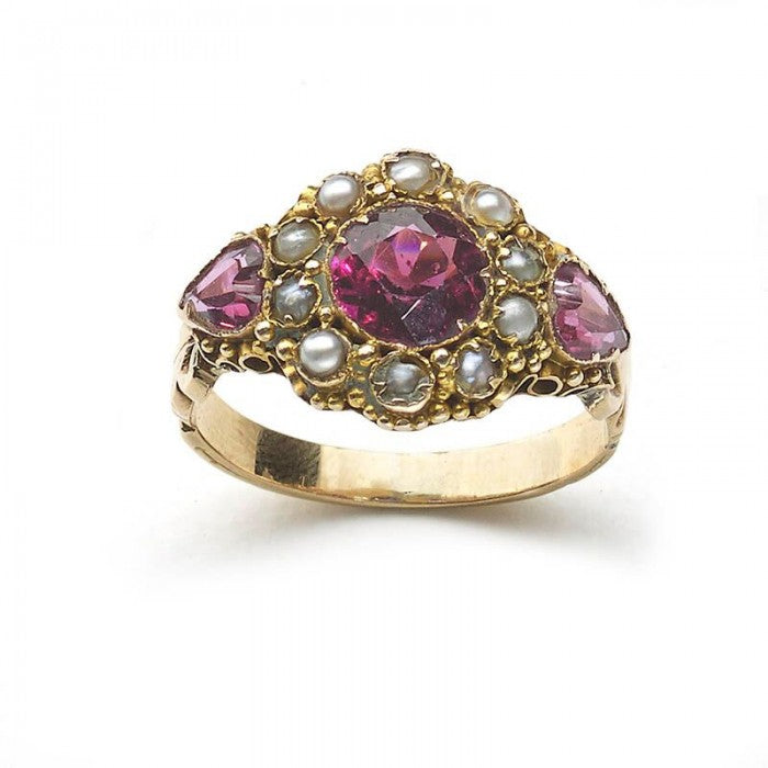 Antique Georgian Garnet Pearl Gold Ring