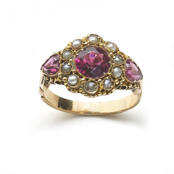 Antique Georgian Garnet Pearl Gold Ring