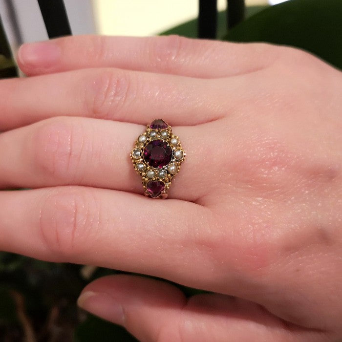 Antique Georgian Garnet Pearl Gold Ring