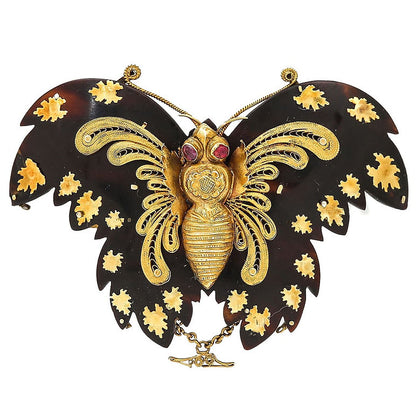 Antique Georgian Gold Filigree Tortoiseshell Pique and Ruby Butterfly Brooch