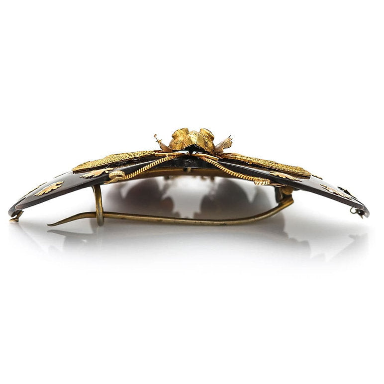 Antique Georgian Gold Filigree Tortoiseshell Pique and Ruby Butterfly Brooch