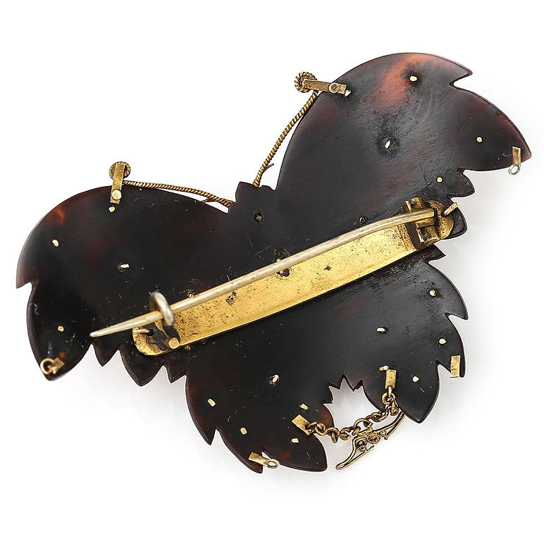 Antique Georgian Gold Filigree Tortoiseshell Pique and Ruby Butterfly Brooch