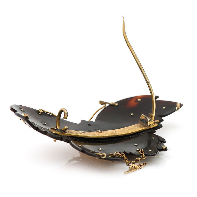 Antique Georgian Gold Filigree Tortoiseshell Pique and Ruby Butterfly Brooch