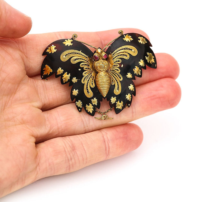 Antique Georgian Gold Filigree Tortoiseshell Pique and Ruby Butterfly Brooch