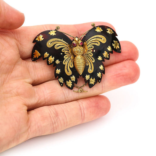 Antique Georgian Gold Filigree Tortoiseshell Pique and Ruby Butterfly Brooch