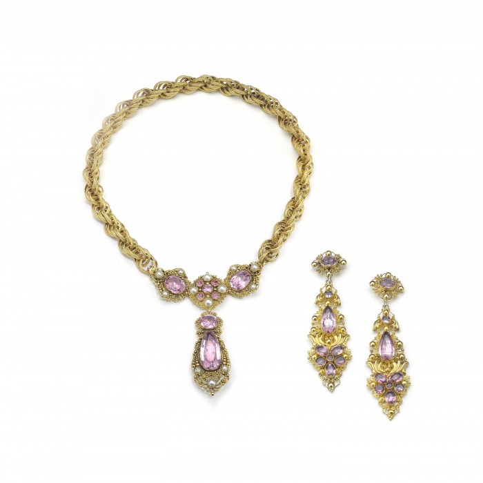 Antique Georgian Pink Topaz Pearl Cannetille Suite