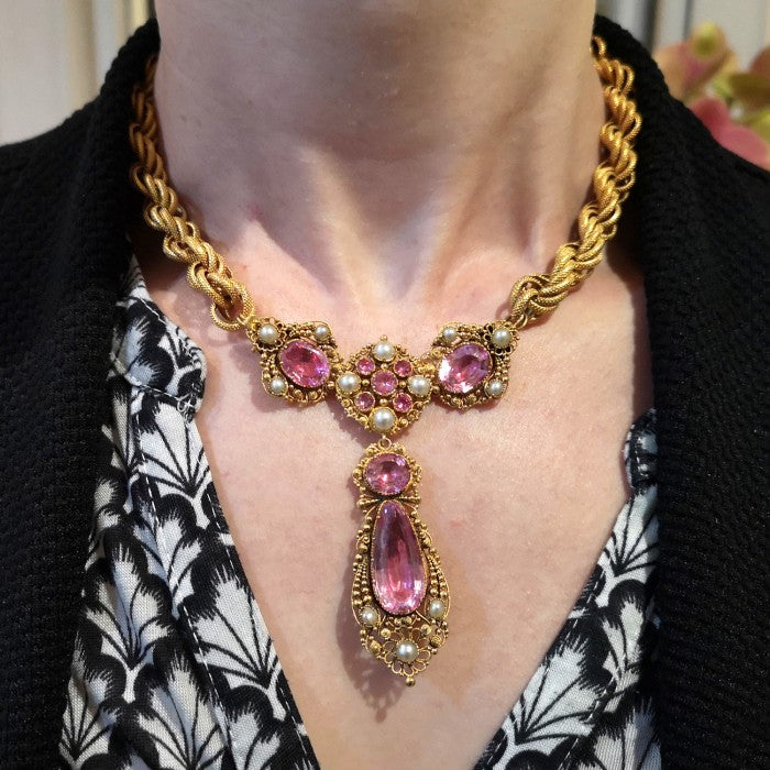 Antique Georgian Pink Topaz Pearl Cannetille Suite
