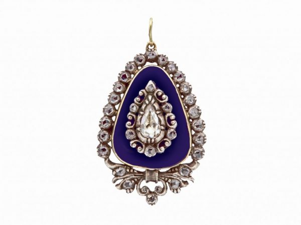Antique Georgian Rose Cut Diamond Blue Enamel Pendant