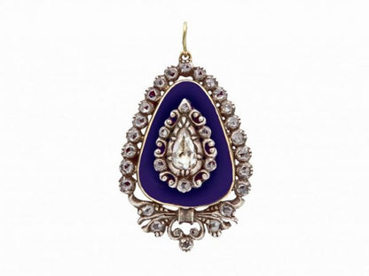 Antique Georgian Rose Cut Diamond Blue Enamel Pendant