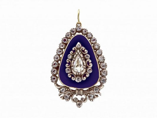 Antique Georgian Rose Cut Diamond Blue Enamel Pendant