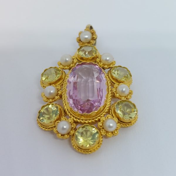 Antique Georgian Topaz and Pearl Gold Cannetille Pendant