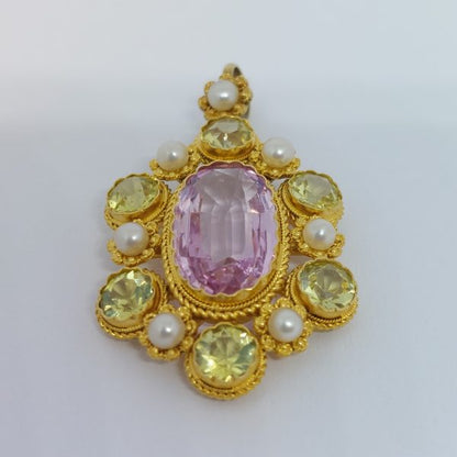 Antique Georgian Topaz and Pearl Gold Cannetille Pendant