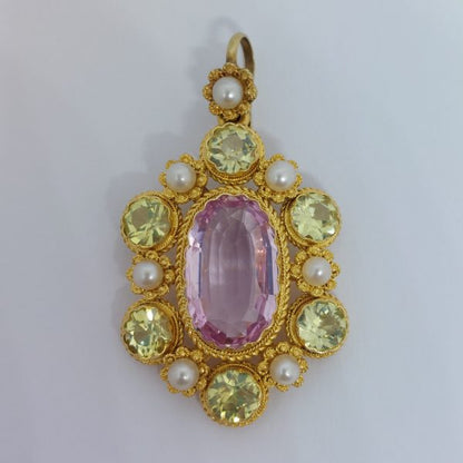 Antique Georgian Topaz and Pearl Gold Cannetille Pendant