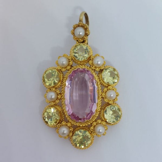Antique Georgian Topaz and Pearl Gold Cannetille Pendant