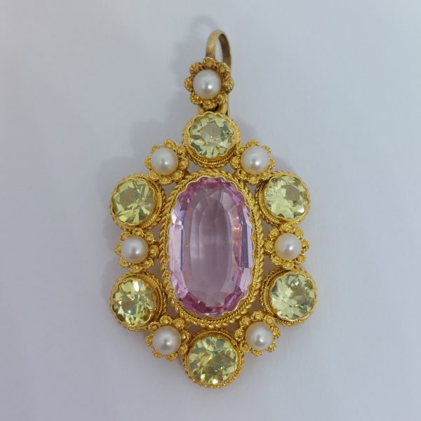 Antique Georgian Topaz and Pearl Gold Cannetille Pendant