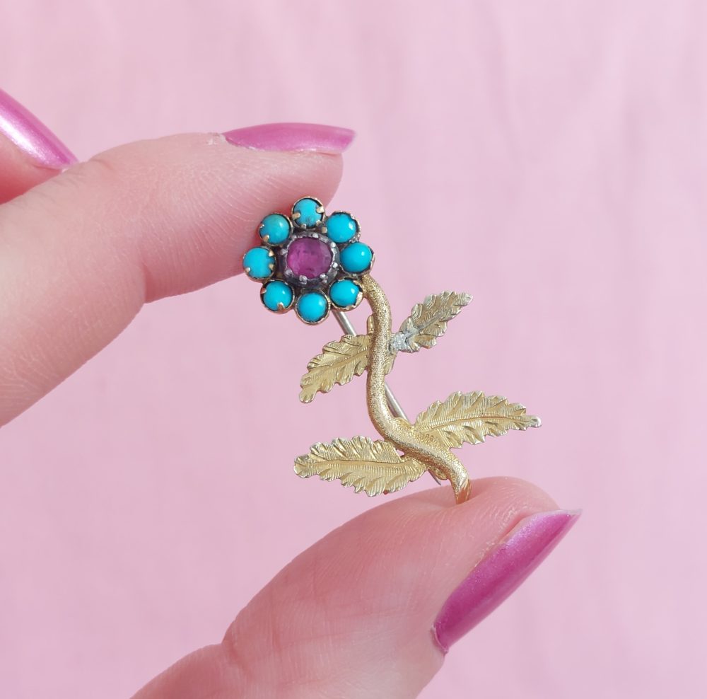 Antique Georgian Turquoise and Ruby Flower Brooch