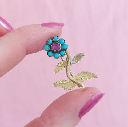 Antique Georgian Turquoise and Ruby Flower Brooch