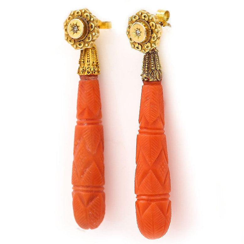 Antique Georgian Carved Coral and Diamond Drop Earrings