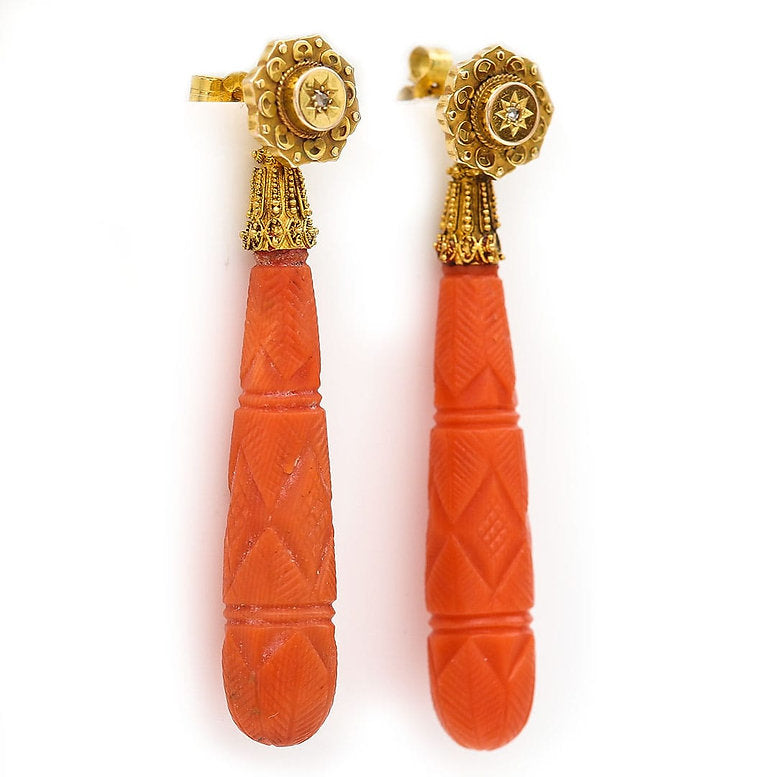 Antique Georgian Carved Coral and Diamond Drop Earrings