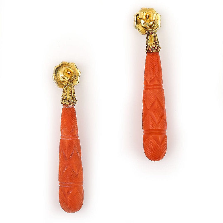 Antique Georgian Carved Coral and Diamond Drop Earrings