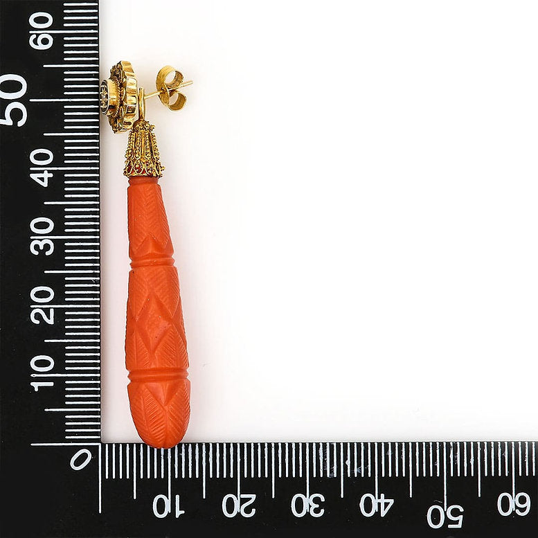 Antique Georgian Carved Coral and Diamond Drop Earrings