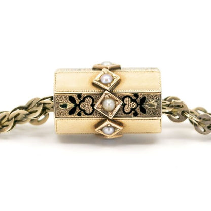Antique Gold Enamel and Pearl Chain Necklace
