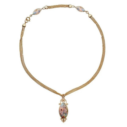 Late Victorian Antique Gold and Enamel Navette Locket Pendant Necklace