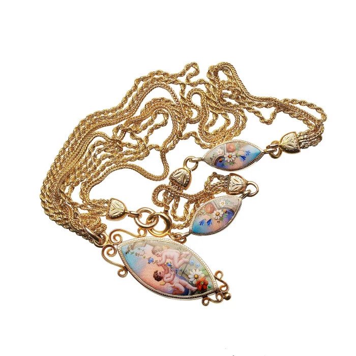Antique Gold and Enamel Navette Locket Pendant Necklace
