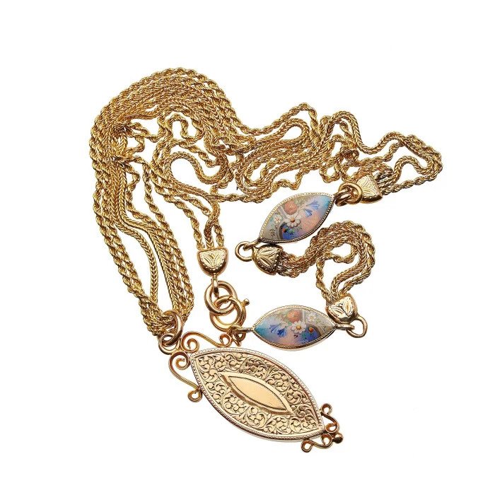 Late Victorian Antique Gold and Guilloche Enamel Cherub Navette Locket Pendant Necklace
