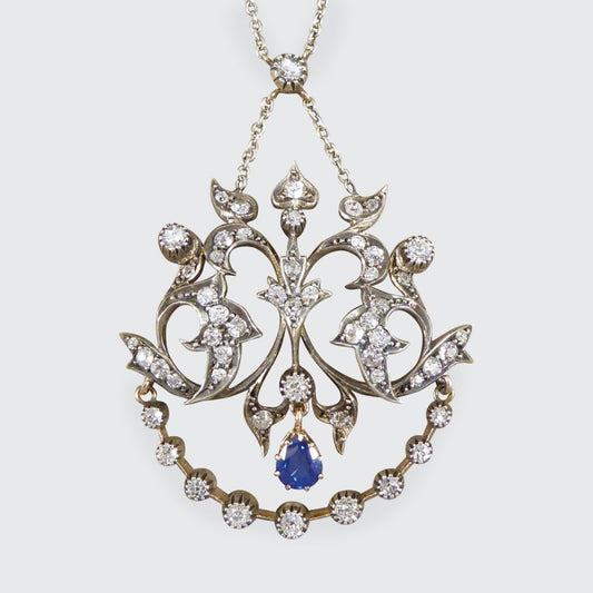Antique Late Victorian Sapphire and Diamond Pendant Necklace