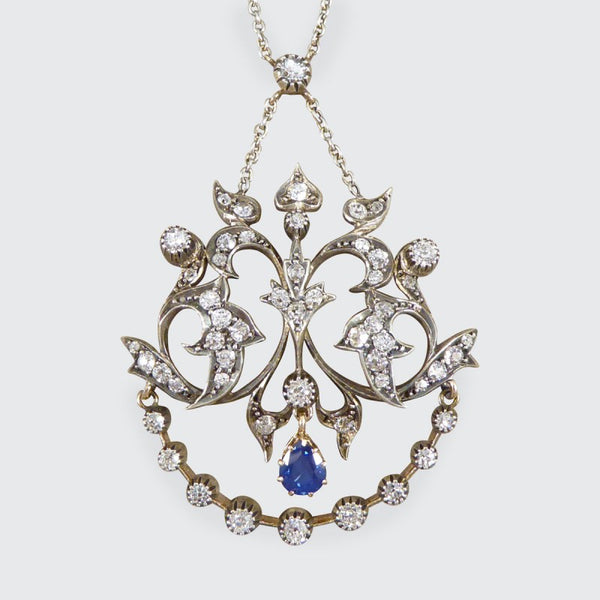 Antique Late Victorian Sapphire and Diamond Pendant Necklace